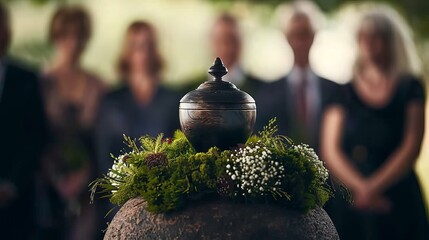 Poster -  A gathering of individuals surrounding a vase topped with a flowering plant and an urn sprouting moss