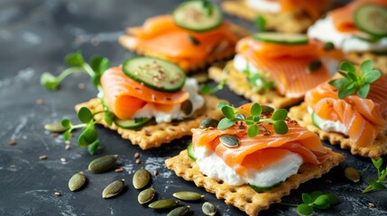 Wall Mural -  A table is topped with a spread of crackers Some are covered with a layer of salmon, while others are garnished with slices of cucumber, all resting at