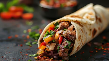 Sticker -  Close-up of a burrito with meat and veggies on a table Background features a bowl of salsa