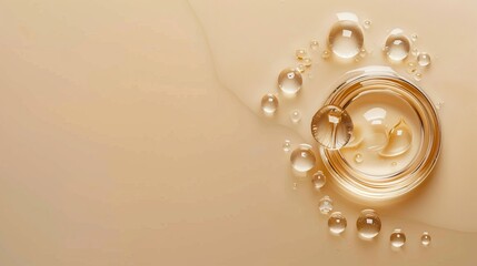 Wall Mural -  A tight shot of a water droplet on a white backdrop, encircled by a golden hoop, surrounded by adjacent water drops