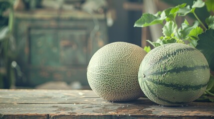 Wall Mural -  Two watermelons atop a wooden table, nearby stands a potted plant with leafy greens