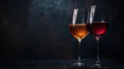 Poster -  Two glasses of wine on a black countertop against a black wall