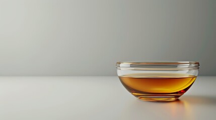 Wall Mural -  A glass bowl, brimming with liquid, rests atop a pristine white table Nearby, a bottle similarly filled with liquid, sits steady on the same table