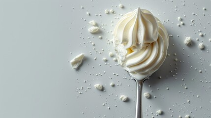 Canvas Print -  A spoon holding whipped cream sits atop a pristine table, accompanied by a mound of marshmallows