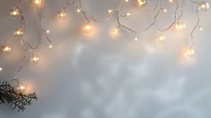 Canvas Print -  A white wall adorned with lights suspended from its sides; a plant situated before it