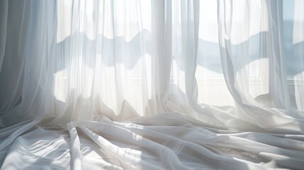 Wall Mural -  A bed with a white comforter, a window covered in white drapes, and a curtain beside it