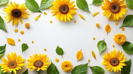 Wall Mural -  A cluster of sunflowers in yellow, encircled by emerald leaves against a pristine white backdrop Text/Image here