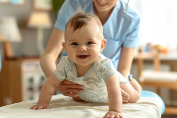 baby physical therapy. cute caucasian baby receiving gentle massage at medical center