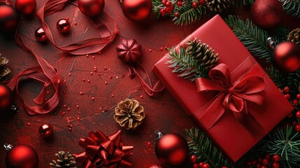 Wall Mural - christmas and new year s top view of red gift box with ribbons and decorated tree