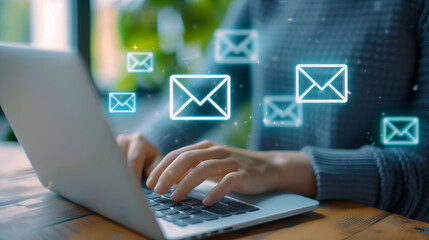 Person Working on Laptop with Floating Envelope Icons, Symbolizing E-mail Communication and Digital Networking.