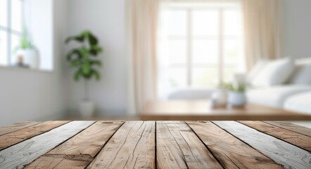 Living Room Table Top. Real Wood Texture on White Wall Room Background for Product Display