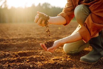 Close-up of a farmer hands holding black soil in their hands, fertile land. Garden field ground fertile concept.