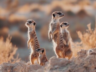 Curious meerkat family on lookout in desert