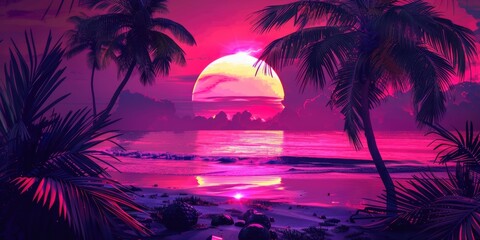 Wall Mural - Tropical Dark Graphic. Neon Sunset: Palm Tree Silhouette Over Beach