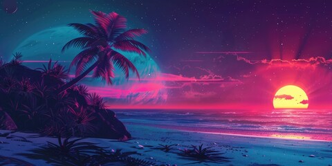 Wall Mural - tropical dark graphic. sunset palm tree silhouette in space futuristic landscape