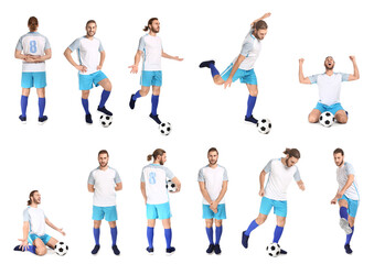 Wall Mural - Set of young football player on white background