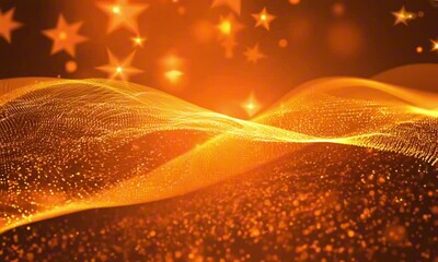 Wall Mural - Digital orange particles wave and light abstract background with shining dots stars