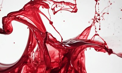 Poster - Vibrant red liquid splashing against white background, forming intricate patterns and textures like ripples and waves. Fresh and pure, perfect for beverages like water, juice, or wine