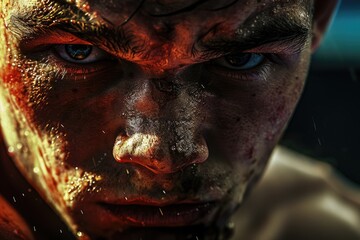 Wall Mural - Boxer Face. Aggressive Man with Strong Muscle in Boxing Ring