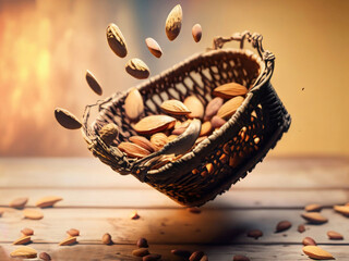 Wall Mural - almonds in a basket on wooden table