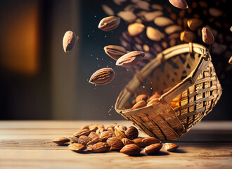 Wall Mural - almonds in a basket on wooden table