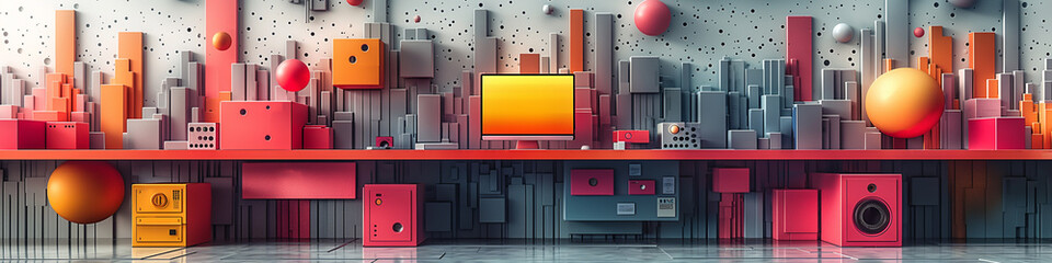Fototapete - Creative illustration of graphic and multimedia design. Designer desk style with various design tools and software interfaces.