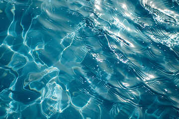 Poster - light blue water surface with ripples and reflections, light color background, top view, banner, photorealistic, high resolution, high detail