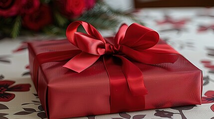 A beautifully wrapped red gift box with a ribbon, perfect for celebrations. The background features a floral pattern and red roses.