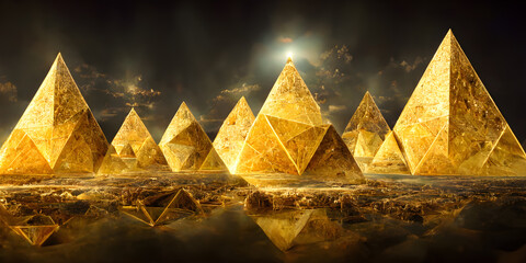 3d surreal landscape with abstract fantasy pyramids in triangle forms in rough yellow gold metal material with sun ray on back dark sky