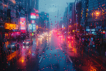 Wall Mural - A bustling city street seen through a rain-soaked window, where the raindrops add a layer of shimmer to the glowing red and yellow lights of the city at night