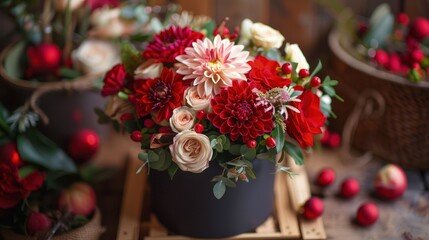 Beautiful bouquet of red and white flowers in a black vase surrounded by holiday decorations.