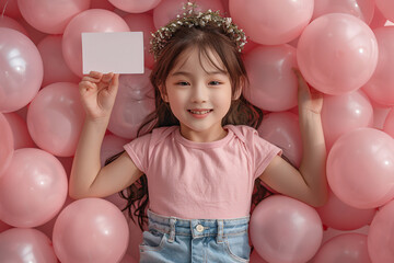 Surrounded by a fluffy cloud of pink balloons, this cheerful girl holds up a blank card, her bright smile framed by a lovely floral crown and casual pink tee