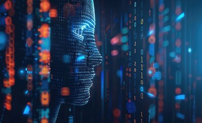 Futuristic AI cyborg head with glowing eyes and binary code background