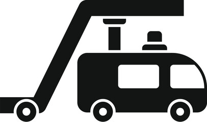 Poster - Black silhouette icon of airport boarding steps connected to a passenger bus for boarding or disembarking