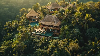 Luxurious tropical treehouse resort with private pools surrounded by lush jungle