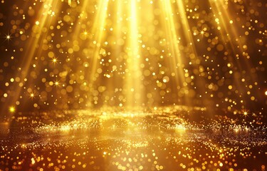 Wall Mural - Golden shimmering particles floating on a reflective surface with glowing light rays
