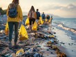 © Lamina - Documentary photograph of a coastal cleanup initiative, with volunteers collecting plastic debris and marine litter from the beach to protect marine life and preserve ocean ecosystems.