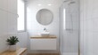 © DARIKA - Modern minimalist bathroom with a sleek vanity, glass shower, and neutral tones creating a serene and spa-like atmosphere focusing on simplicity and clean design High Resolution picture, , Minimalism,