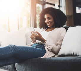 Poster - Black woman, couch or reading with phone for internet news or relax, email or blog for ideas. Female person, sofa or mobile with website for diy plan in home, scroll for information with app