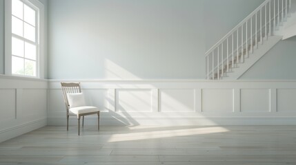 Wall Mural - A chair is sitting in a room with white walls and wooden floors