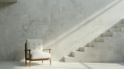 Wall Mural - A chair is sitting in front of a wall with a staircase