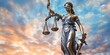© inspiretta - A statue of a woman holding scales and a sword. The sky is blue and the sun is setting