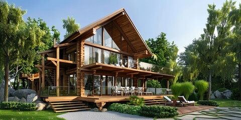 Wall Mural - A large wooden house with a large deck and a pool. The house is surrounded by trees and has a lot of windows