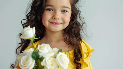 Sticker - a beauty little European girl with dark curly hair, in a yellow monochrome dress, smiles and holds out a bouquet of white roses on a light gray background