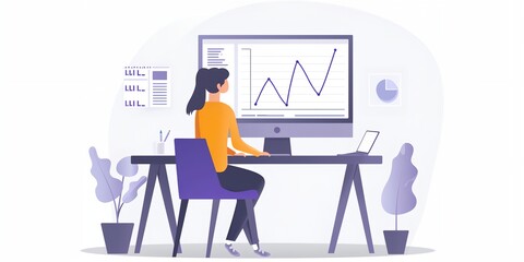 Poster - A woman is sitting at a desk in front of a computer monitor. She is working on a project and is focused on the screen. The room has a modern and professional feel, with a potted plant