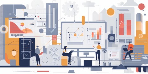 Poster - A group of people are working on a computer screen with a large graph on it. Concept of collaboration and teamwork as the individuals work together to analyze data and make decisions