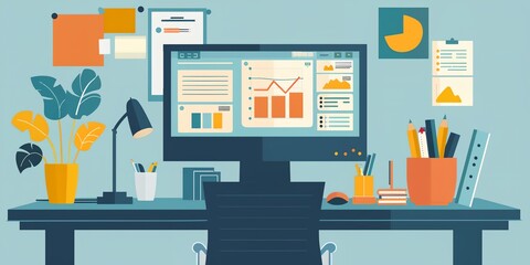 Poster - A computer desk with a monitor, a chair, a potted plant, and a cup. The desk is cluttered with papers and books, and there are several pens and pencils scattered around