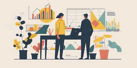 Poster - Two people are standing in front of a table with a laptop and a plant. They are discussing something on the laptop