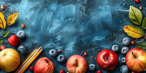 Wall Mural - A blue background with a bunch of apples and berries