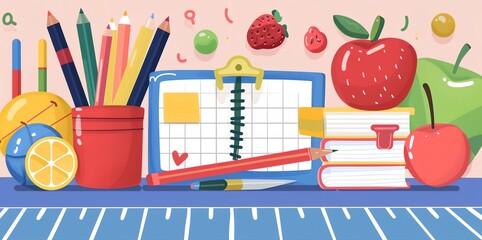 Poster - A colorful assortment of school supplies including pencils, pens, and books. Concept of organization and productivity, as well as the importance of education